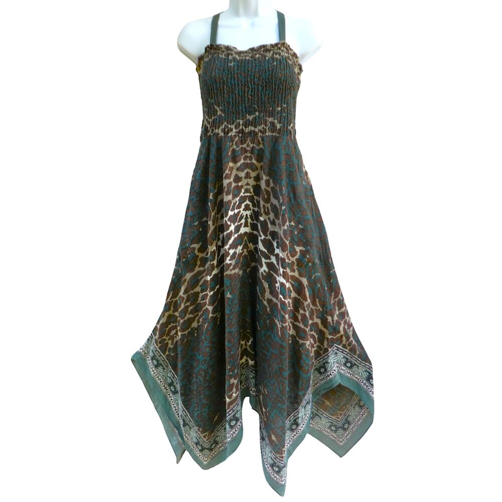 Soft Surroundings Panthera Maxi Dress Smocked Bodice Bandana Asym Hem Exotic M